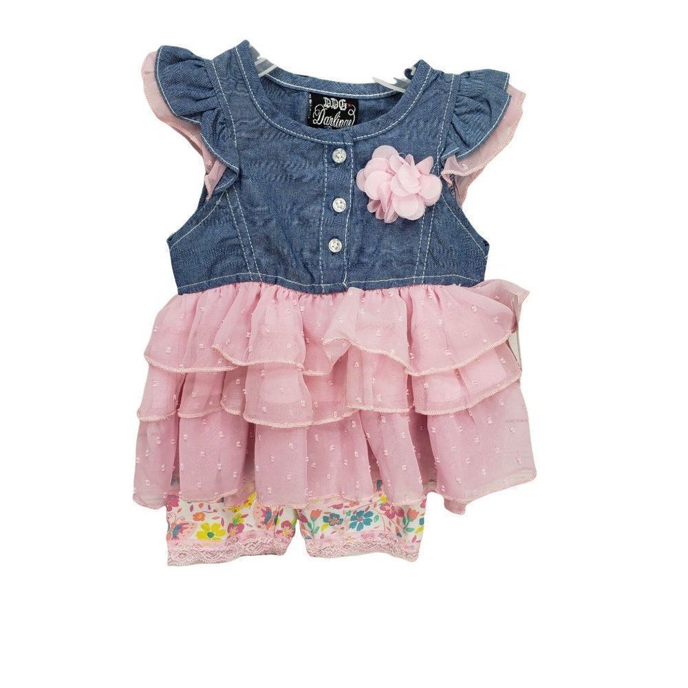 DDG Darling 2t flower denim top‎ peplum babydoll butterfly white pink shorts
